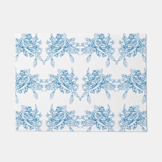Blue French Toile Pattern ドアマット (正面)