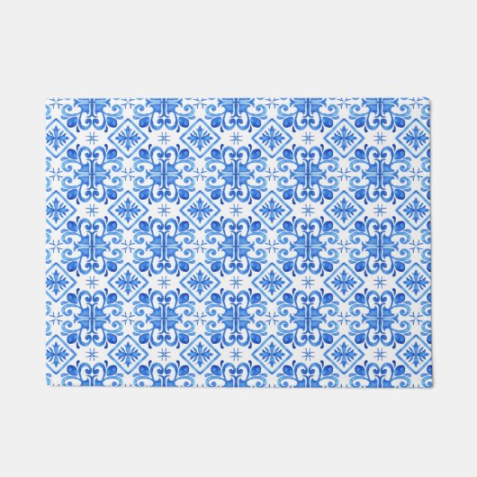 Blue French Toile Pattern ドアマット (正面)