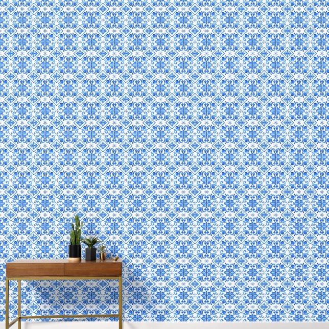 Blue French Toile Pattern 壁紙 (廊下)