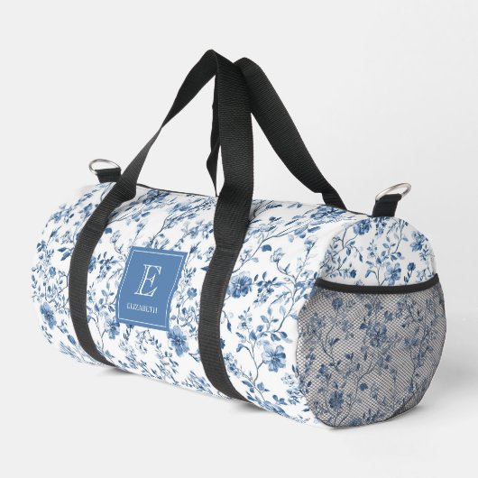 Blue French Toile Pattern Monogram Name Elegant ダッフルバッグ (右コーナー)