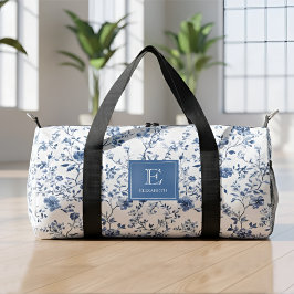 Blue French Toile Pattern Monogram Name Elegant ダッフルバッグ