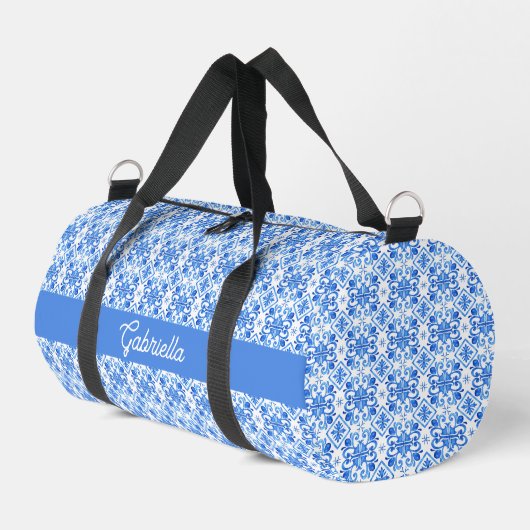 Blue French Toile Pattern Name ダッフルバッグ (左コーナー)