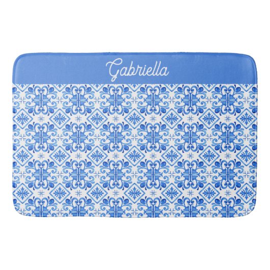 Blue French Toile Pattern Name バスマット (正面)