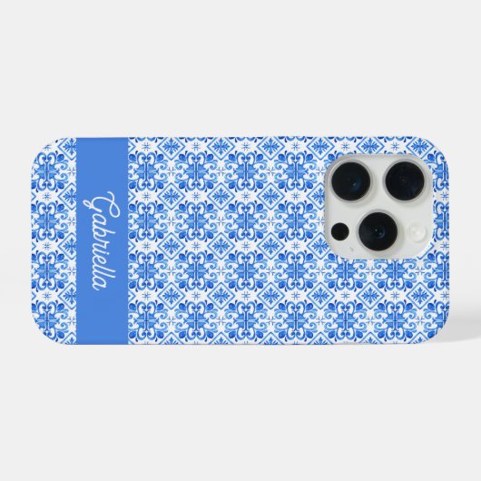 Blue French Toile Pattern Name iPhoneケース (裏面横)