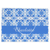 Blue French Toile Pattern name Tissue Paper ラージペーパーバッグ (裏面)