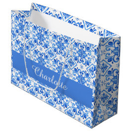 Blue French Toile Pattern name Tissue Paper ラージペーパーバッグ