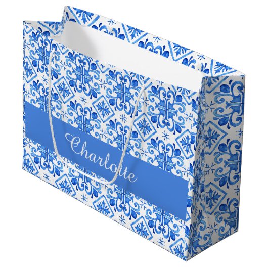 Blue French Toile Pattern name Tissue Paper ラージペーパーバッグ (正面アングル)