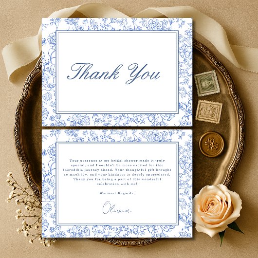 Blue French Vintage Floral Bridal Shower サンキューカード