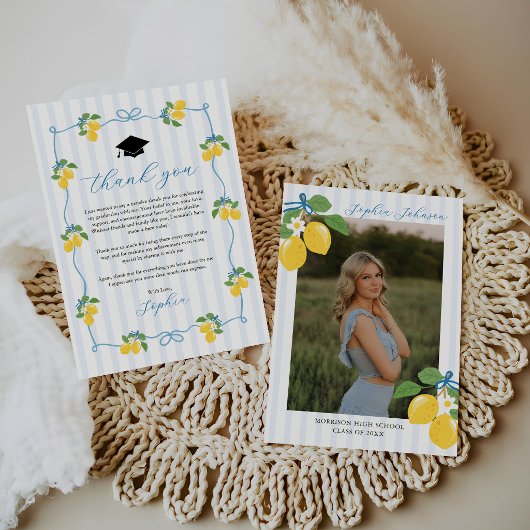 Blue Freshly Lemon Citrus Graduation Party サンキューカード