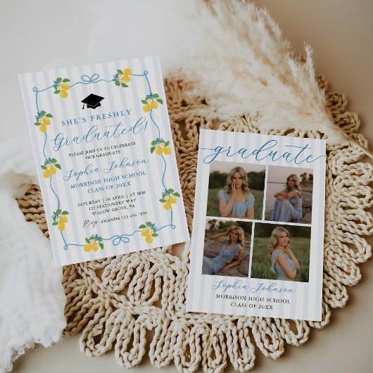 Blue Freshly Lemon Citrus Graduation Party 招待状