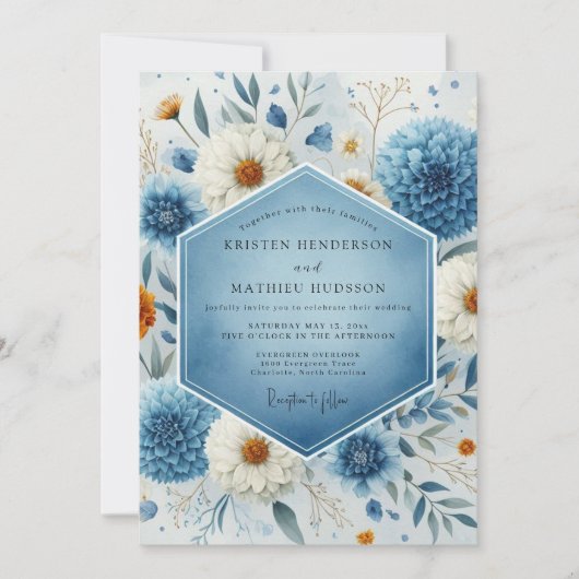 Blue Frosted Botanical Romance Wedding 招待状 (正面)