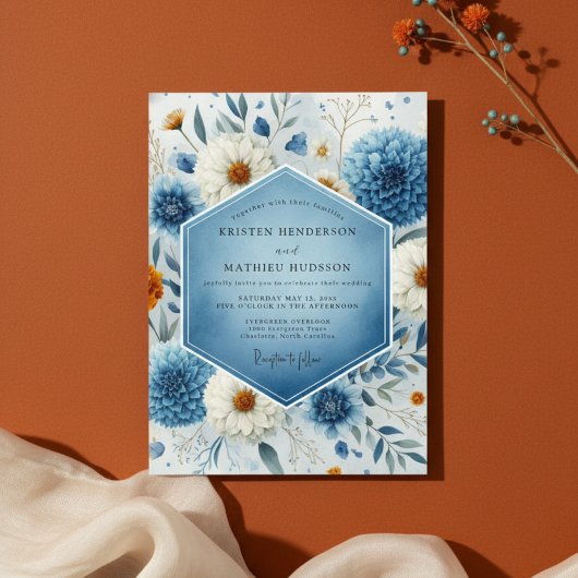 Blue Frosted Botanical Romance Wedding 招待状