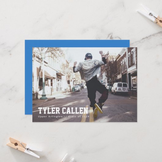 Blue Full Photo Grad Announcement 招待状 (正面/裏面インサイチュ)