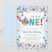 Blue Fun to Be One Photo  First Birthday 招待状 (正面/裏面)