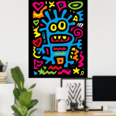 Blue Funky Alien – Neon Pop Art Quirky Monster ポスター (ホームオフィス)
