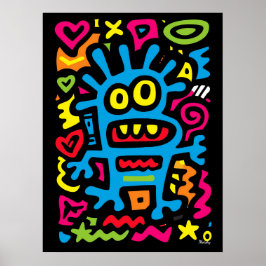 Blue Funky Alien – Neon Pop Art Quirky Monster ポスター