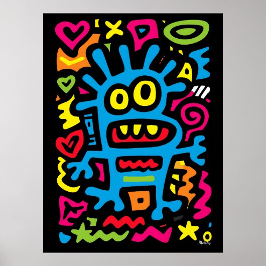 Blue Funky Alien – Neon Pop Art Quirky Monster ポスター (正面)