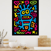 Blue Funky Alien – Neon Pop Art Quirky Monster ポスター (キッチン)