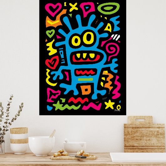 Blue Funky Alien – Neon Pop Art Quirky Monster ポスター (キッチン)
