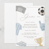 Blue Game On Soccer Birthday Party Boys Sports 招待状 (正面/裏面)