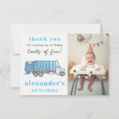 Blue Garbage Trash Truck 1st Birthday Photo  サンキューカード (正面)