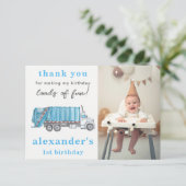 Blue Garbage Trash Truck 1st Birthday Photo  サンキューカード (スタンド正面)