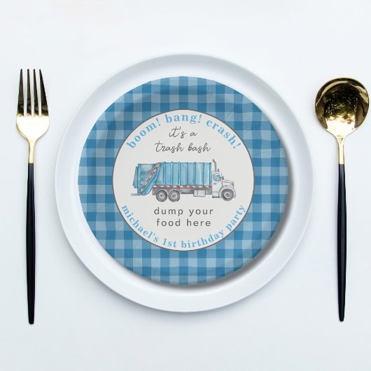 Blue Garbage Trash Truck Birthday Custom Funny ペーパープレート