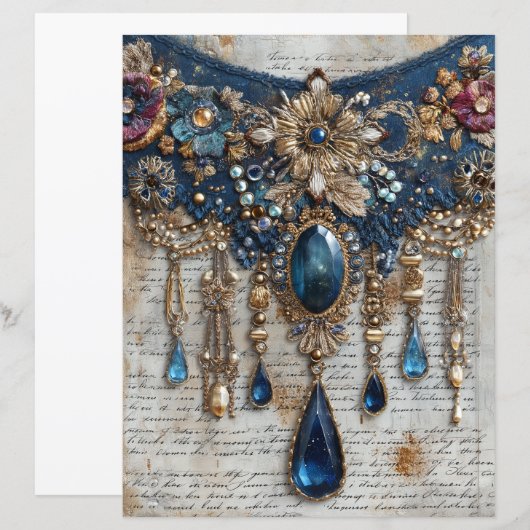 Blue Gems Embroidery Junk Journal Scrapbook Paper (正面/裏面)