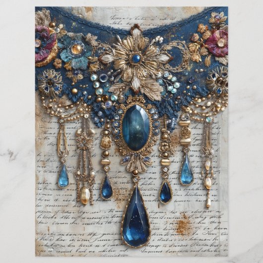 Blue Gems Embroidery Junk Journal Scrapbook Paper (正面)
