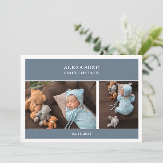 Blue Gender Neutral Photo Baby Announcement Card 招待状 (スタンド正面)