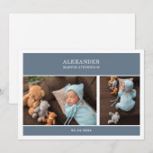 Blue Gender Neutral Photo Baby Announcement Card 招待状 (正面/裏面)