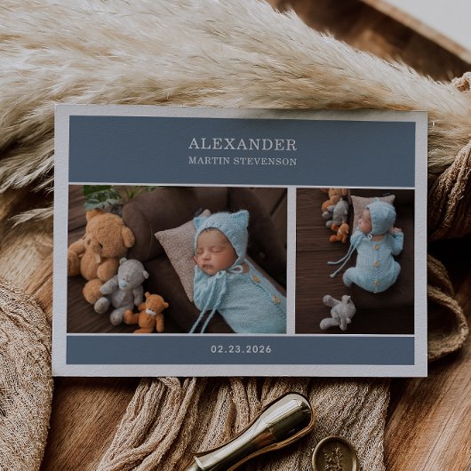 Blue Gender Neutral Photo Baby Announcement Card 招待状