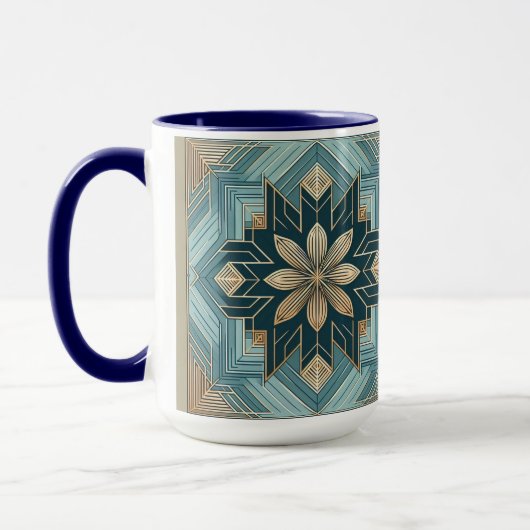 Blue Geometric Floral Mandala Mug – Teal & White マグカップ (左)