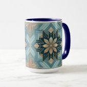 Blue Geometric Floral Mandala Mug – Teal & White マグカップ (正面右)