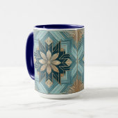 Blue Geometric Floral Mandala Mug – Teal & White マグカップ (正面左)