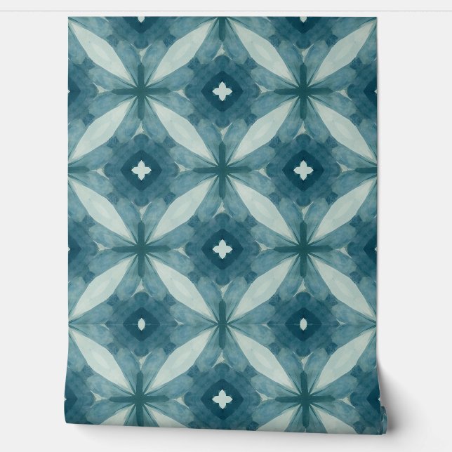 Blue Geometric Floral Pattern 壁紙 (ほどく)