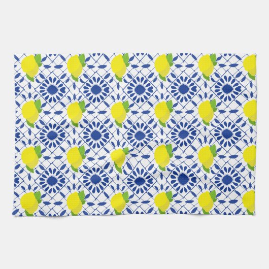 Blue Geometric Lemon Tile キッチンタオル (横)