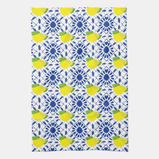 Blue Geometric Lemon Tile キッチンタオル (縦)