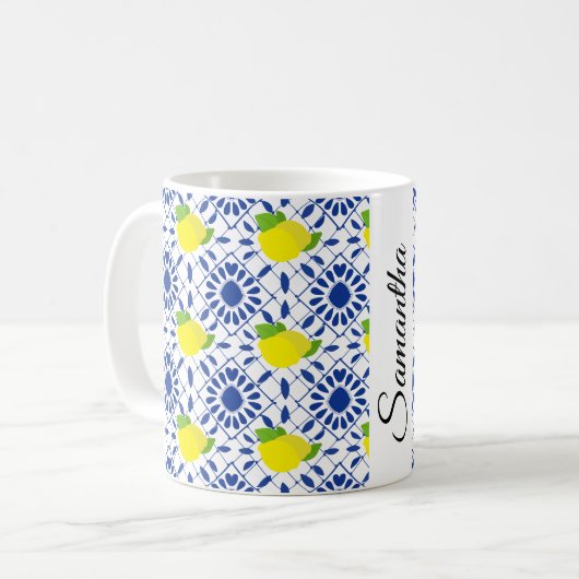 Blue Geometric Lemon Tile コーヒーマグカップ (正面左)