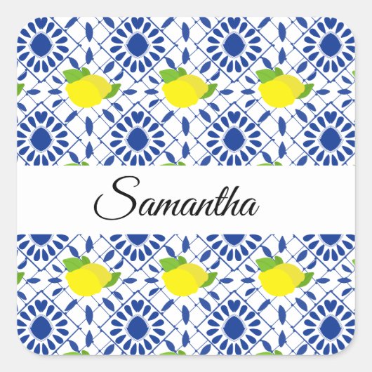 Blue Geometric Lemon Tile スクエアシール (正面)