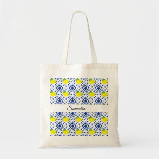 Blue Geometric Lemon Tile トートバッグ (正面)