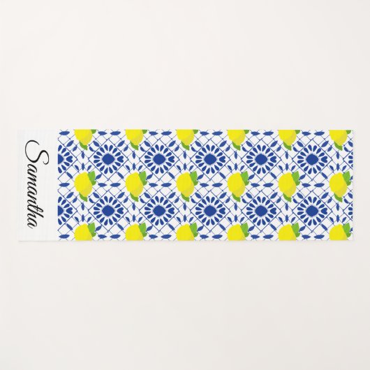 Blue Geometric Lemon Tile ヨガマット (正面(横))