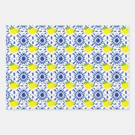 Blue Geometric Lemon Tile ラッピングペーパーシート