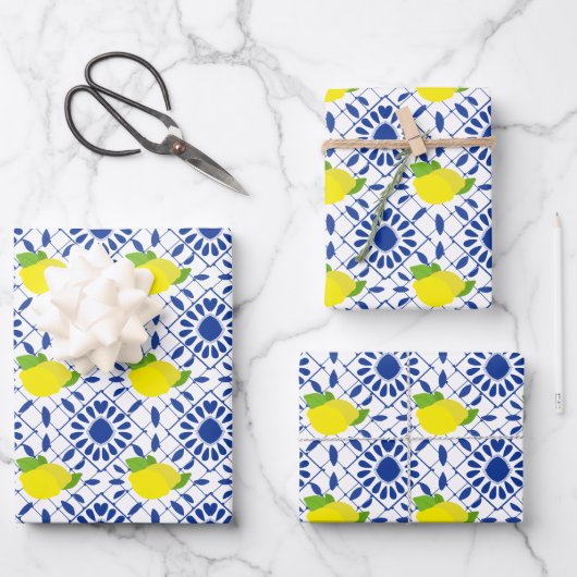 Blue Geometric Lemon Tile ラッピングペーパーシート (正面)