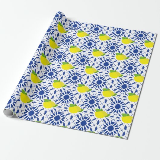 Blue Geometric Lemon Tile ラッピングペーパー (アンロールド)
