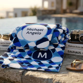 Blue Geometric Mosaic Bauhaus Monogram Custom Name ビーチタオル