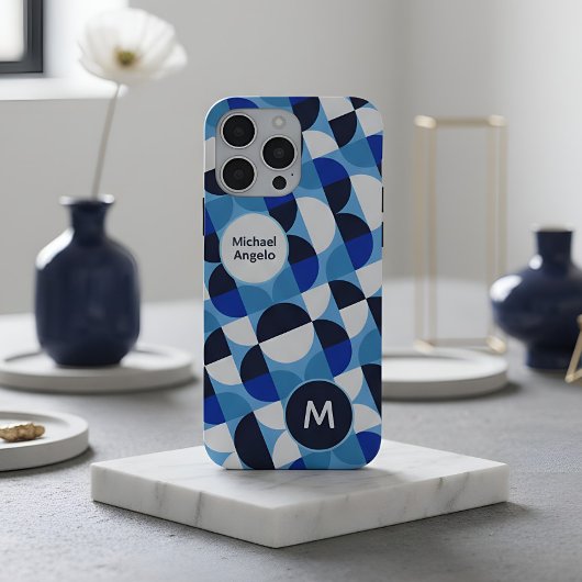 Blue Geometric Mosaic Bauhaus Monogram Custom Name iPhoneケース