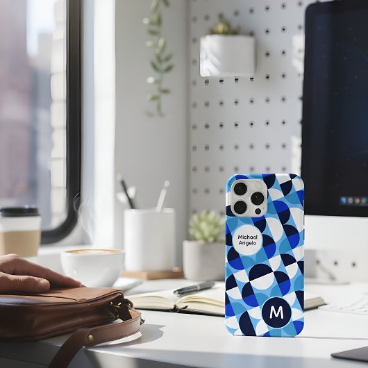 Blue Geometric Mosaic Bauhaus Monogram Custom Name iPhoneケース