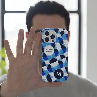 Blue Geometric Mosaic Bauhaus Monogram Custom Name iPhone 15 Pro Maxケース