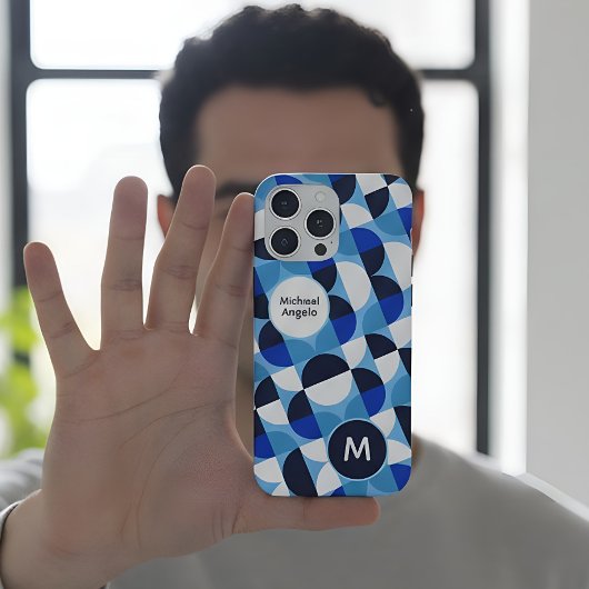 Blue Geometric Mosaic Bauhaus Monogram Custom Name iPhoneケース
